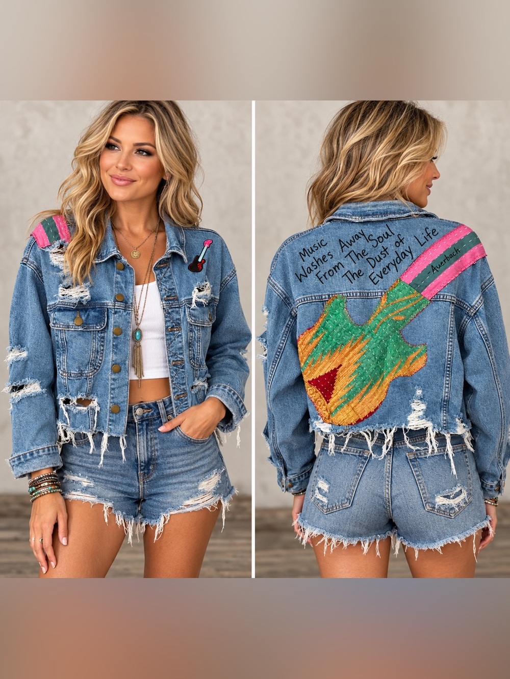 Upcycled Denim w/kantha Patchwork Guitar Cropped Jacket